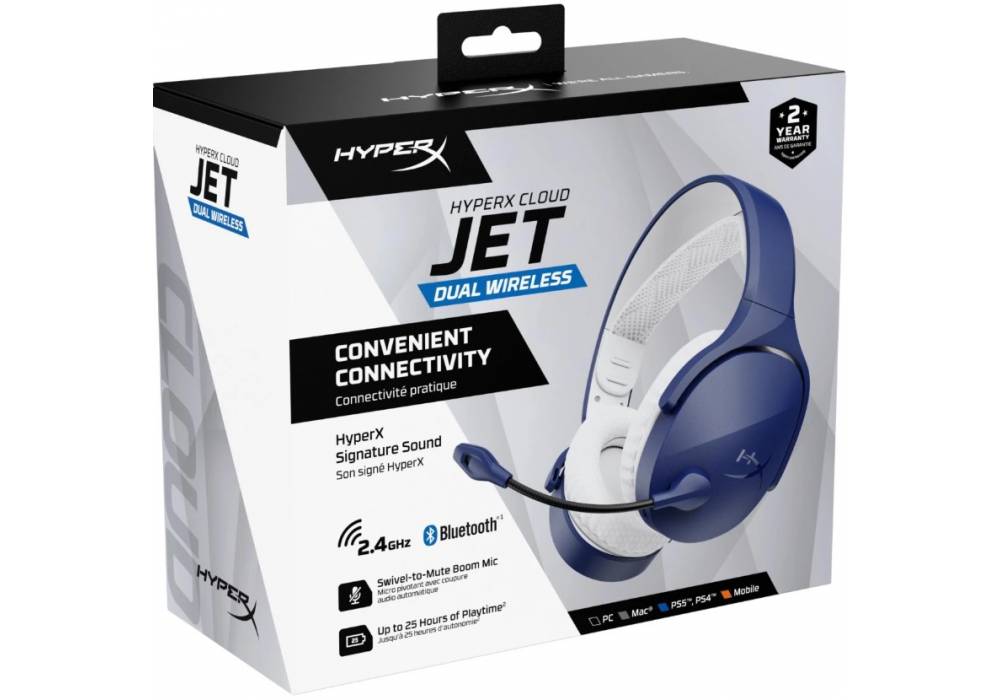HyperX Cloud Jet - Wireless Gaming Headset Dual Wireless & Bluetooth Signature HyperX Sound Swivel-to-mute Boom Mic Up to 25 hours of Playtime Intuitive Audio Controls , Blue HyperX Cloud Jet - Wireless Gaming Headset Dual Wireless & Bluetooth Signature HyperX Sound Swivel-to-mute Boom Mic Up to 25 hours of Playtime Intuitive Audio Controls , Blue