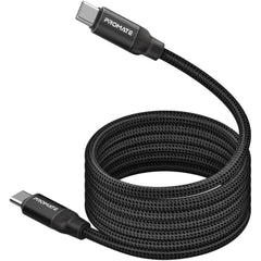 Promate Springy Usb C To Usb C Premium Magnetic Self Organizing Cable With 60w Power Delivery And 120cm Durable Nylon Braided Sync And Charge Cable, Reversible Conneors, Thick Copper Core Black