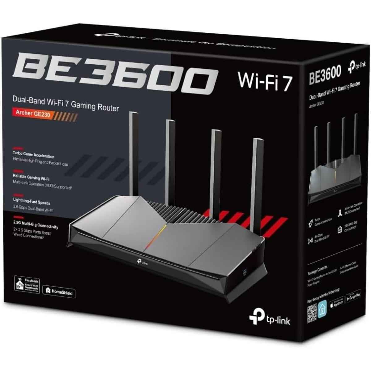 Tp Link Archer Ge230 Be3600 Dual Band Wi Fi 7 Router, 2x 2.5g Lan Ports, Quad Core Cpu, Rgb Lighting, 5ghz 2882 Mbps & 2.4ghz Wi Fi Speed, 688 Mbps 3.6 Gbps Wi Fi 7, Black
