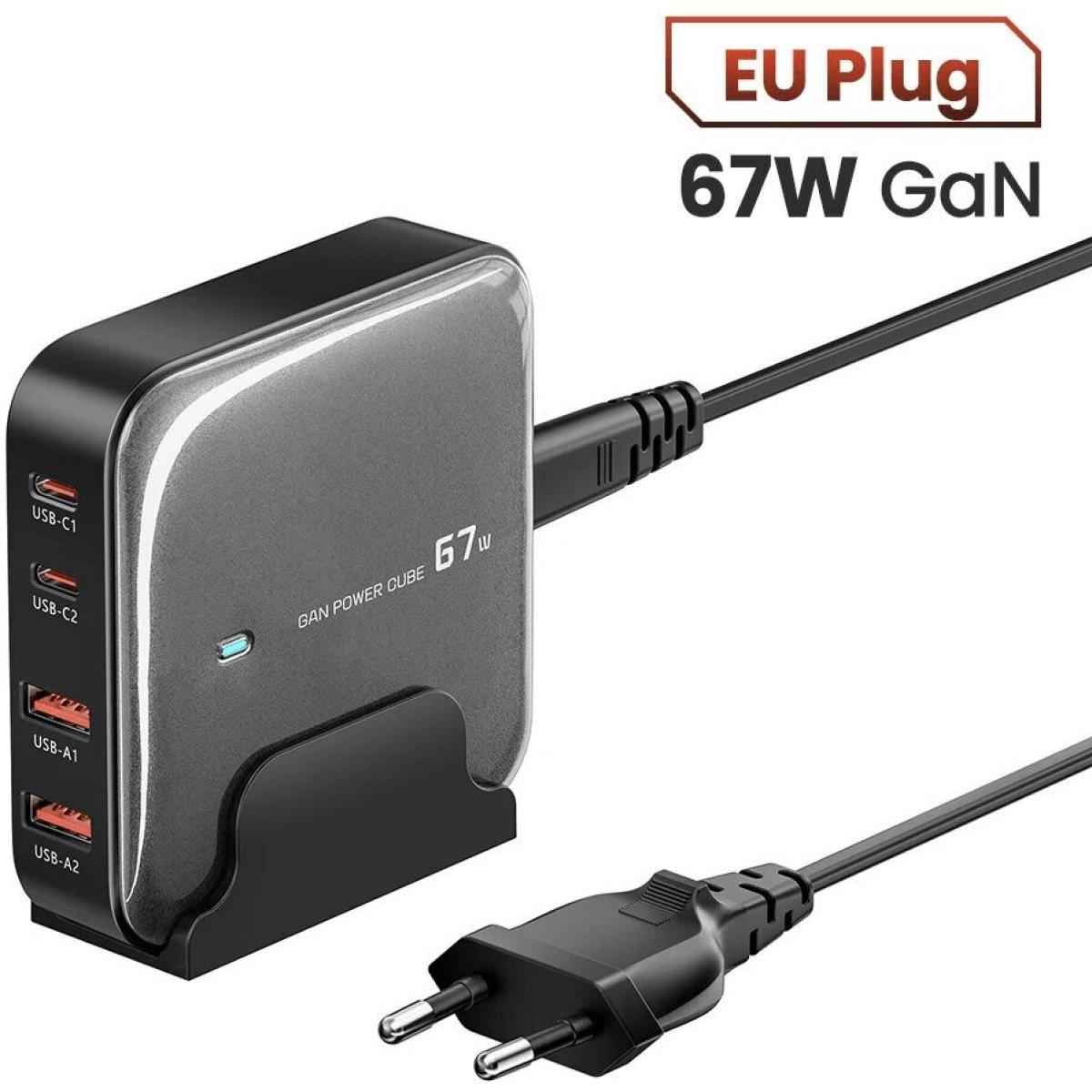 Toocki 67w 4 Port Usb Pd Charger 2usb A+2usb C Pd Qc3.0 Pps Fast Charging Desktop Charging Station Eu Plug With 1.5m Ac Cable For Iphone 16 16 Pro 15 14 13 Pro Max For Huawei Mate Xt For Xiaomi 15 Pro Black