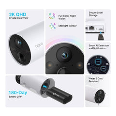 Tp-Link Smart Security Camera White 2K Qhd180-Day Battery LifeFull-Color Night Vis - TAPO C420S2