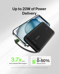 Belkin Boost Charge Power Bank 10000Mah, PD 20Watts, USB-C Integrated Cable and USB-C Port, Black - BPB021hqBK
