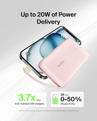 Belkin Boost Charge Power Bank 10000Mah, PD 20Watts, USB-C Integrated Cable and USB-C Port, Pink - BPB021hqPK