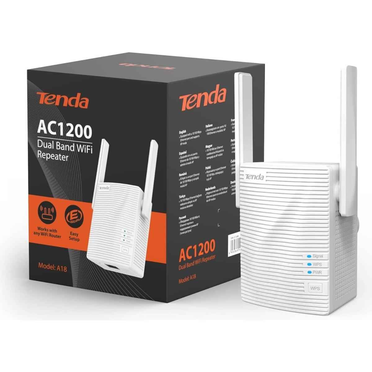 Tenda A18 Ac1200 Dual Band Universal Wi Fi Repeater, Broadband/wi Fi Extender, Wi Fi Booster/hotspot, With 1 Ethernet Port, Works With All Broadband Providers