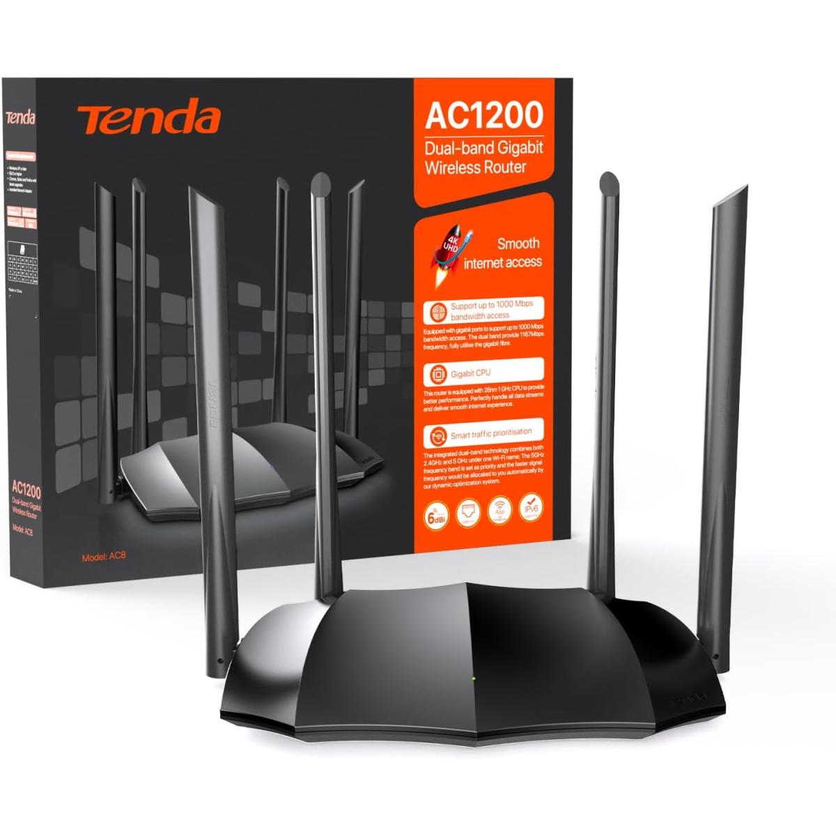 Tenda Ac8 Ac1200 Gigabit Wi Fi Router Dual Band High Speed Wireless Internet Router, 3xwan/lan Gigabit Ports, 4x6dbi Antennas, Mu Mimo, Beamforming, Ipv6, Guest Wi Fi - CompuMe Tenda Ac8 Ac1200 Gigabit Wi Fi Router Dual Band High Speed Wireless Internet Router, 3xwan/lan Gigabit Ports, 4x6dbi Antennas, Mu Mimo, Beamforming, Ipv6, Guest Wi Fi - CompuMe