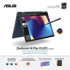 ASUS Zenbook 14 Flip OLED, 14.0" Touch 2.8K 90Hz Laptop, 13th Gen Intel Core i7-1360P Processor, Intel Iris Xe Integrated Graphics, 16GB LPDDR5 RAM, 1TB M.2 PCIe NVMe, Windows 11 Home - Ponder Blue w/ Asus Stylus Pen & Sleeve | UP3404VA-KN058W |