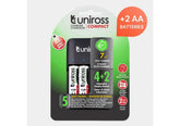 Uniross Compact Battery Charger – AA/AAA/9V Compatibility, Includes 4× AA Rechargeable Batteries, USB‑C/Micro‑USB Input, Full Safety Protection, Eco‑Friendly Packaging