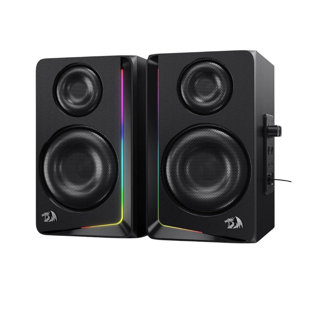 Redragon GS812 Wireless RGB Wooden Desktop Speakers, 2.0 Channel Bookshelf Speaker w/BT 5.0/3.5mm AUX Connection, Enhanced Bass/Volume Knob Control, Extra Mic/Audio Jacks & Dynamic RGB Lighting Bar - CompuMe