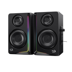 Redragon GS812 Wireless RGB Wooden Desktop Speakers, 2.0 Channel Bookshelf Speaker w/BT 5.0/3.5mm AUX Connection, Enhanced Bass/Volume Knob Control, Extra Mic/Audio Jacks & Dynamic RGB Lighting Bar - CompuMe