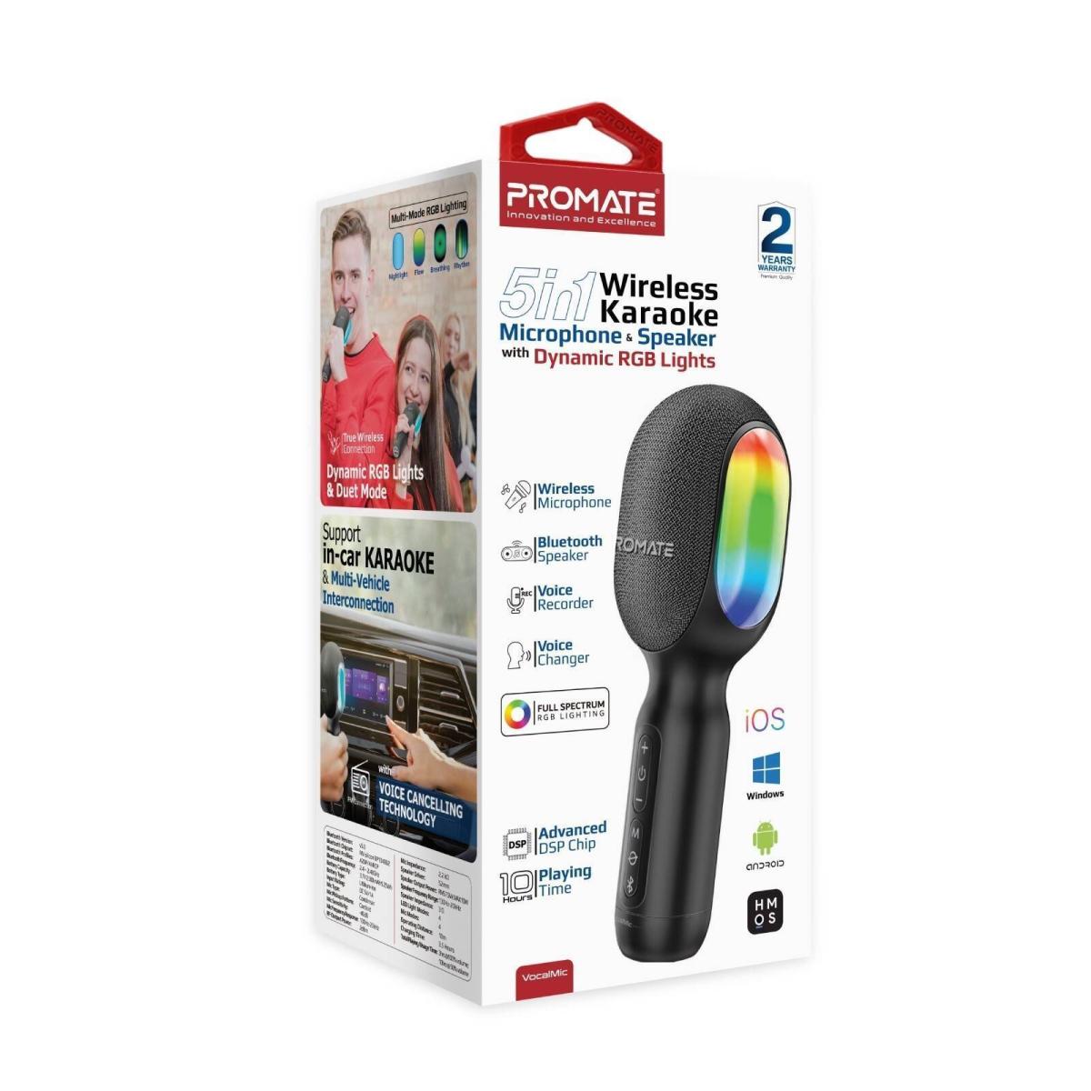 Promate Vocalmic 5 In 1 Wireless Bluetooth Karaoke Microphone & Speaker With Dynamic Rgb Lights Compatible With Ios, Android, Windows Black Promate Vocalmic 5 In 1 Wireless Bluetooth Karaoke Microphone & Speaker With Dynamic Rgb Lights Compatible With Ios, Android, Windows Black