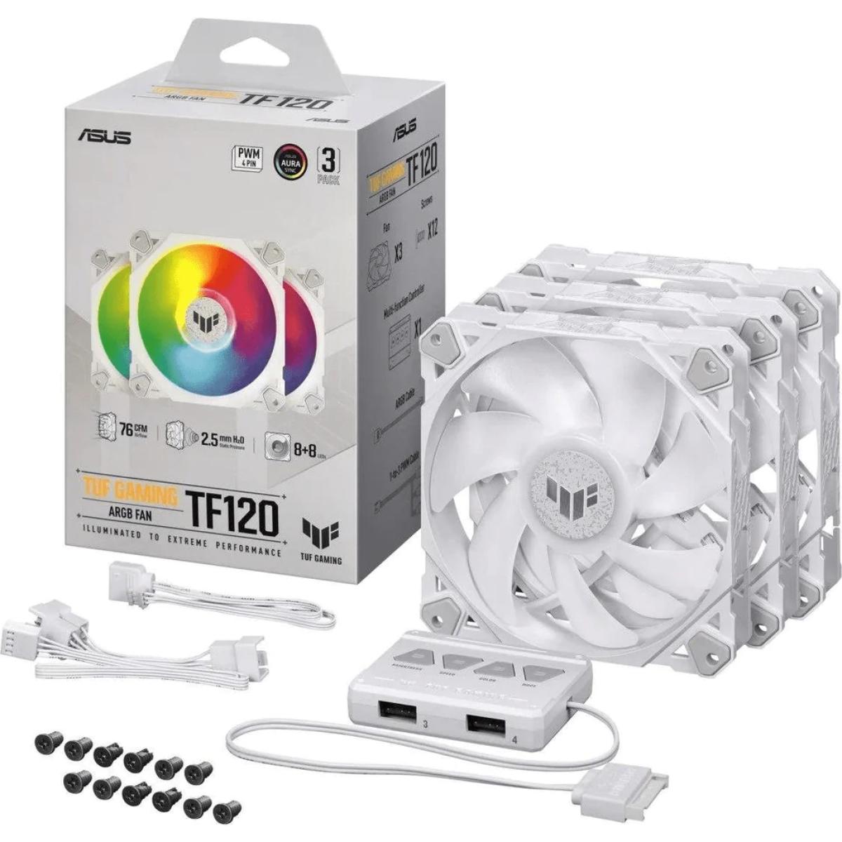 Asus Tuf Gaming Tf120 Argb Triple Fan Kit W/ Controller 3pin Leds Blade 120mm Pwm Control For Computer Case & Liquid Radiator White - CompuMe Asus Tuf Gaming Tf120 Argb Triple Fan Kit W/ Controller 3pin Leds Blade 120mm Pwm Control For Computer Case & Liquid Radiator White - CompuMe