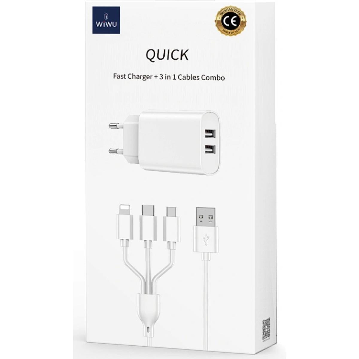 Wiwu Wi U003 Quick Series Dual Usb Charger With 3 In 1 Usb To Type C + Lightning + Micro, Charging Data Cable Set White Wiwu Wi U003 Quick Series Dual Usb Charger With 3 In 1 Usb To Type C + Lightning + Micro, Charging Data Cable Set White