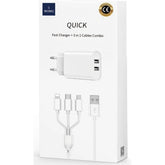 WIWU Wi-U003 Quick Series Dual USB Charger with 3 in 1 USB To Type-C + Lightning + Micro, Charging Data Cable Set- White