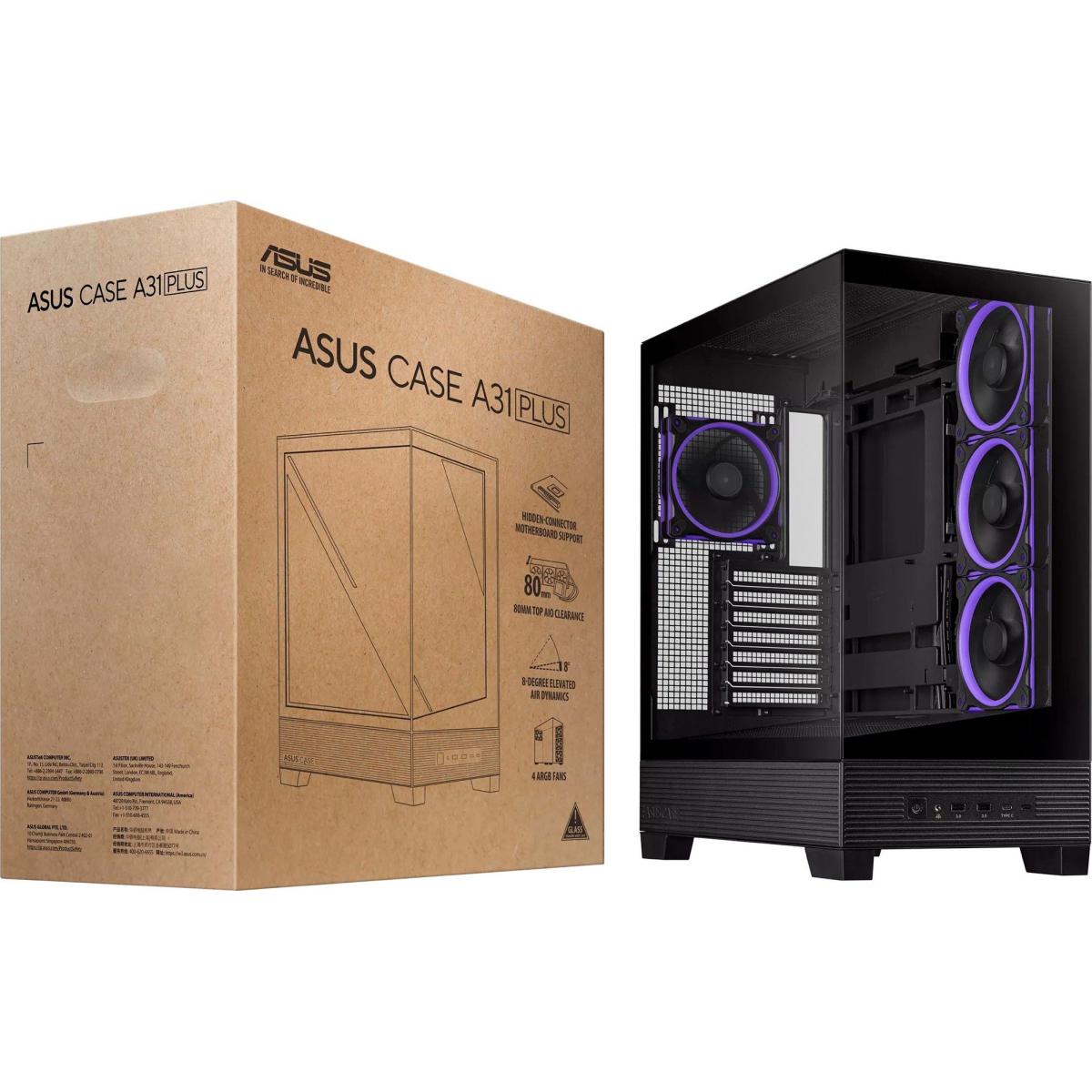 Asus A31 Plus Tg Argb Atx 4x Pre Installed Argb Fans, Glass Front Panel, Compatible With Hidden Port Motherboards, 360mm Radiators, 380mm Graphics, Black - CompuMe