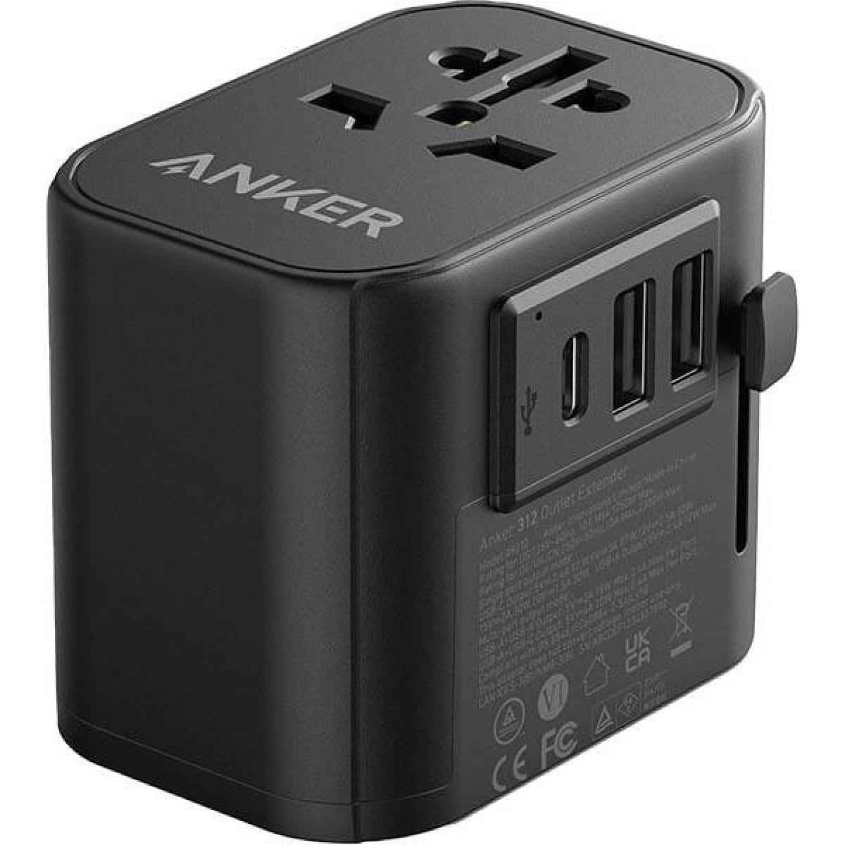 Anker 312 Powerextend 30w, Wall Charger With Travel Plug, 1 Ports Usb C, 2 Ports Usb A, Wall Plug, 312 Outlet Extender, Black