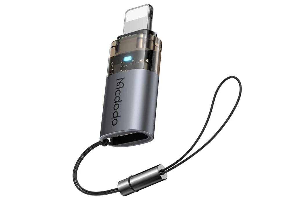 Mcdodo OT-7630 - USB‑C to Lightning Adapter, 36W Fast Charging, Data Transfer, Semi‑Transparent LED Design, Aluminum Alloy Build, Black