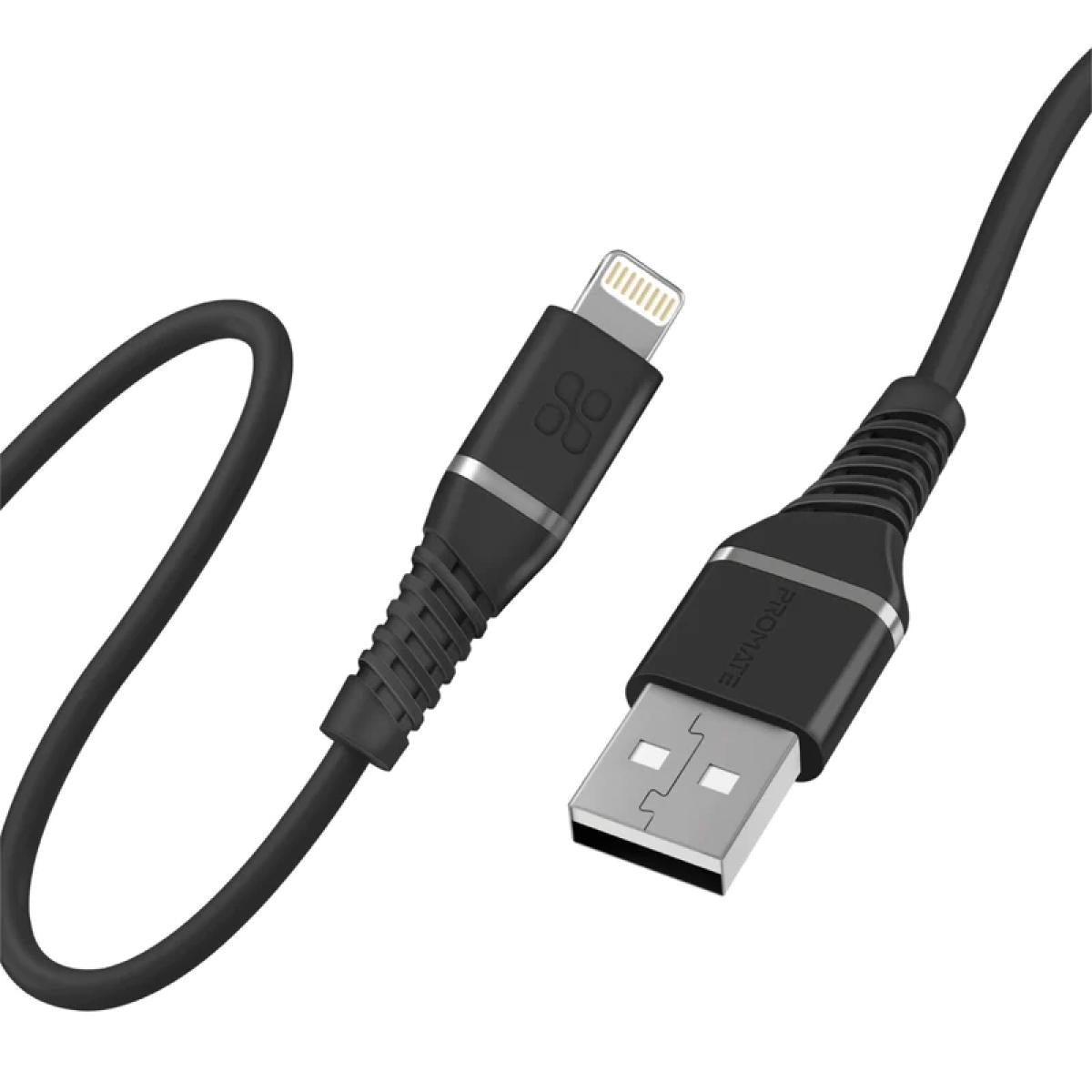 Promate Usb A To Lightning Cable High Tensile 2.4a Super Fast Usb A To Lightning Charger 120 Cm Anti Tangle Silicone Black - CompuMe Promate Usb A To Lightning Cable High Tensile 2.4a Super Fast Usb A To Lightning Charger 120 Cm Anti Tangle Silicone Black - CompuMe