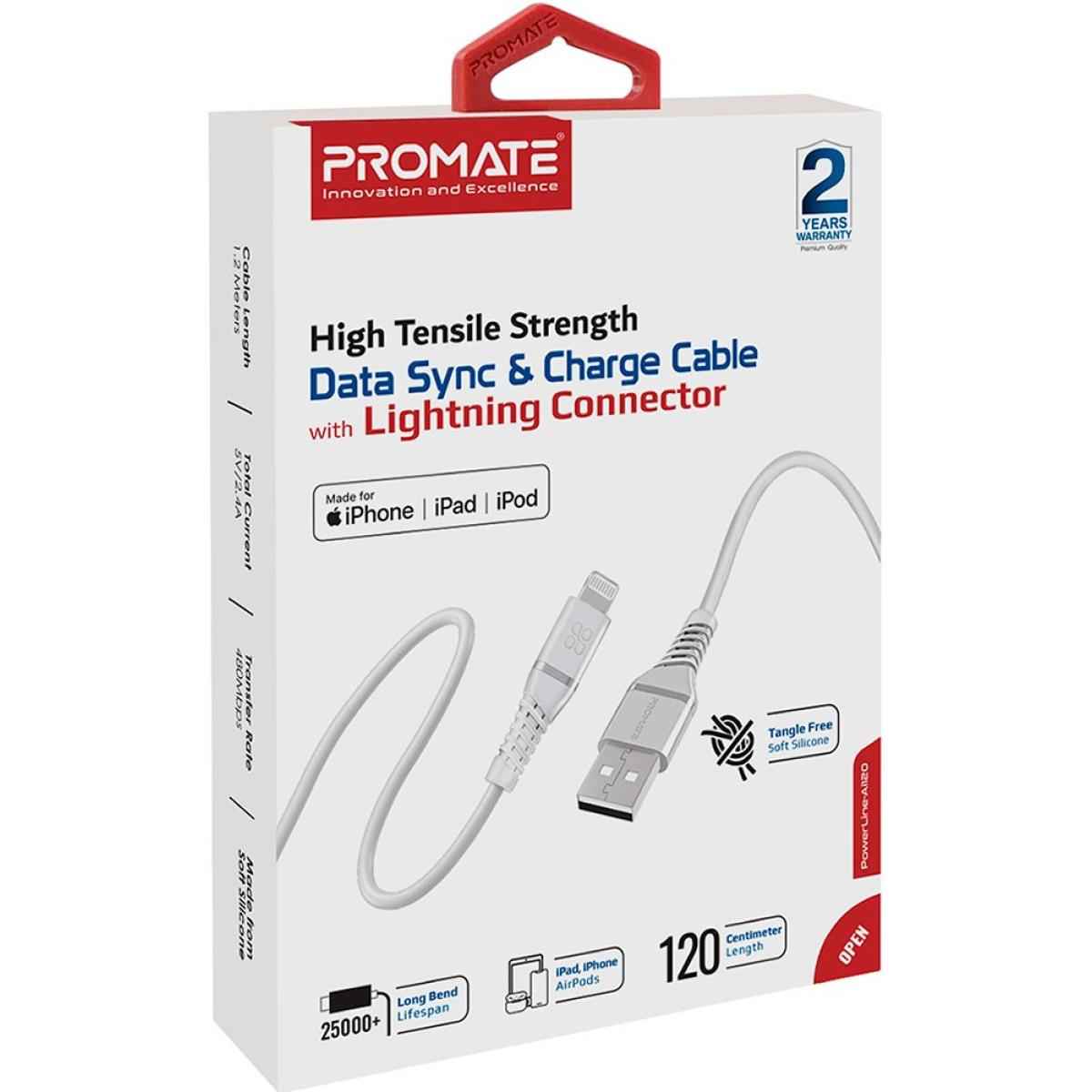 Promate Usb A To Lightning Cable High Tensile 2.4a Super Fast Usb A To Lightning Charger 120 Cm Anti Tangle Silicone White