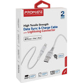 Promate USB A to Lightning Cable High Tensile 2.4a Super Fast USB A to Lightning Charger 120 Cm Anti Tangle Silicone White
