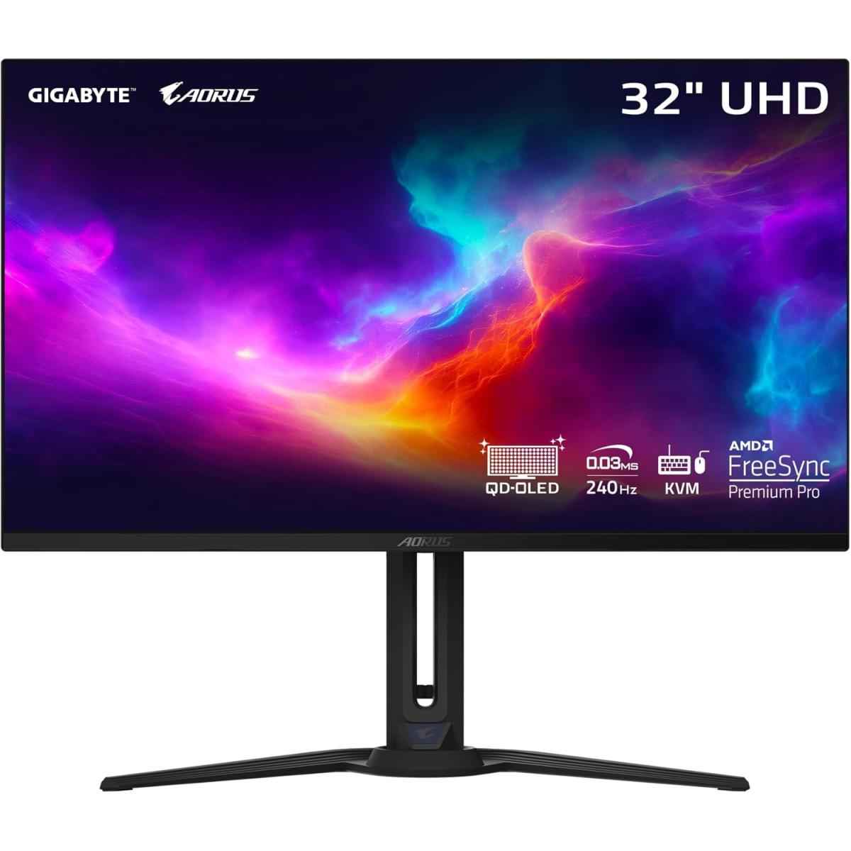 Gigabyte Aorus Fo32u2 32” Qd Oled Gaming Monitor Uhd 4k 0.03ms Gtg Amd Freesync Premium Pro Type C Kvm Hdmi, Dp, Type C W/ Height Adjustable & Speakers Black