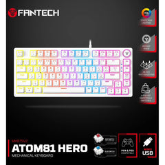 Fantech Hero MK875 V2 RGB Gaming Keyboard, (White/Red Switch), Hot-Swappable For PS5 - PS4 - PC Compatible, 17 Lighting Modes (عربي) | MK875V2 ATOM81 HERO White |