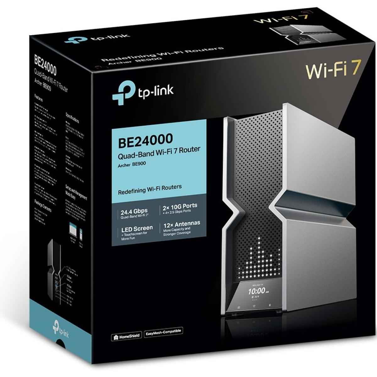 Tp Link Archer Be900 Be24000 Quad Band Wi Fi 7 Router, Dual 10gbps, X5 Ethernet Ports, Led Touchscreen, 12x Optimally Positioned Antennas, Easymesh Compatible, Silver