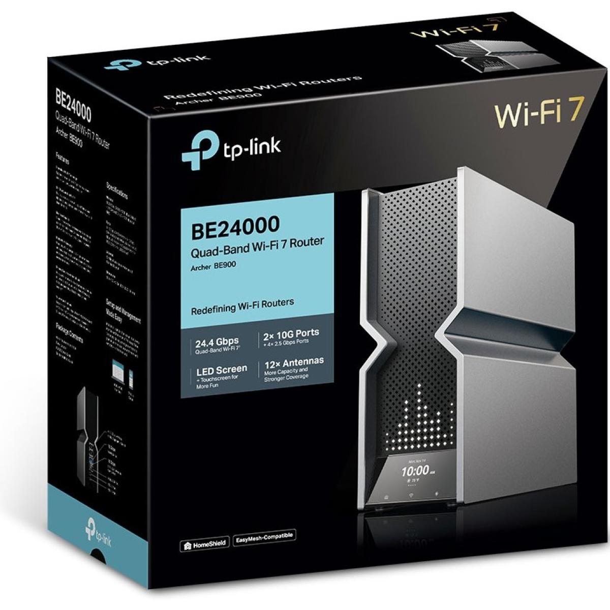 Tp Link Archer Be900 Be24000 Quad Band Wi Fi 7 Router, Dual 10gbps, X5 Ethernet Ports, Led Touchscreen, 12x Optimally Positioned Antennas, Easymesh Compatible, Silver Tp Link Archer Be900 Be24000 Quad Band Wi Fi 7 Router, Dual 10gbps, X5 Ethernet Ports, Led Touchscreen, 12x Optimally Positioned Antennas, Easymesh Compatible, Silver