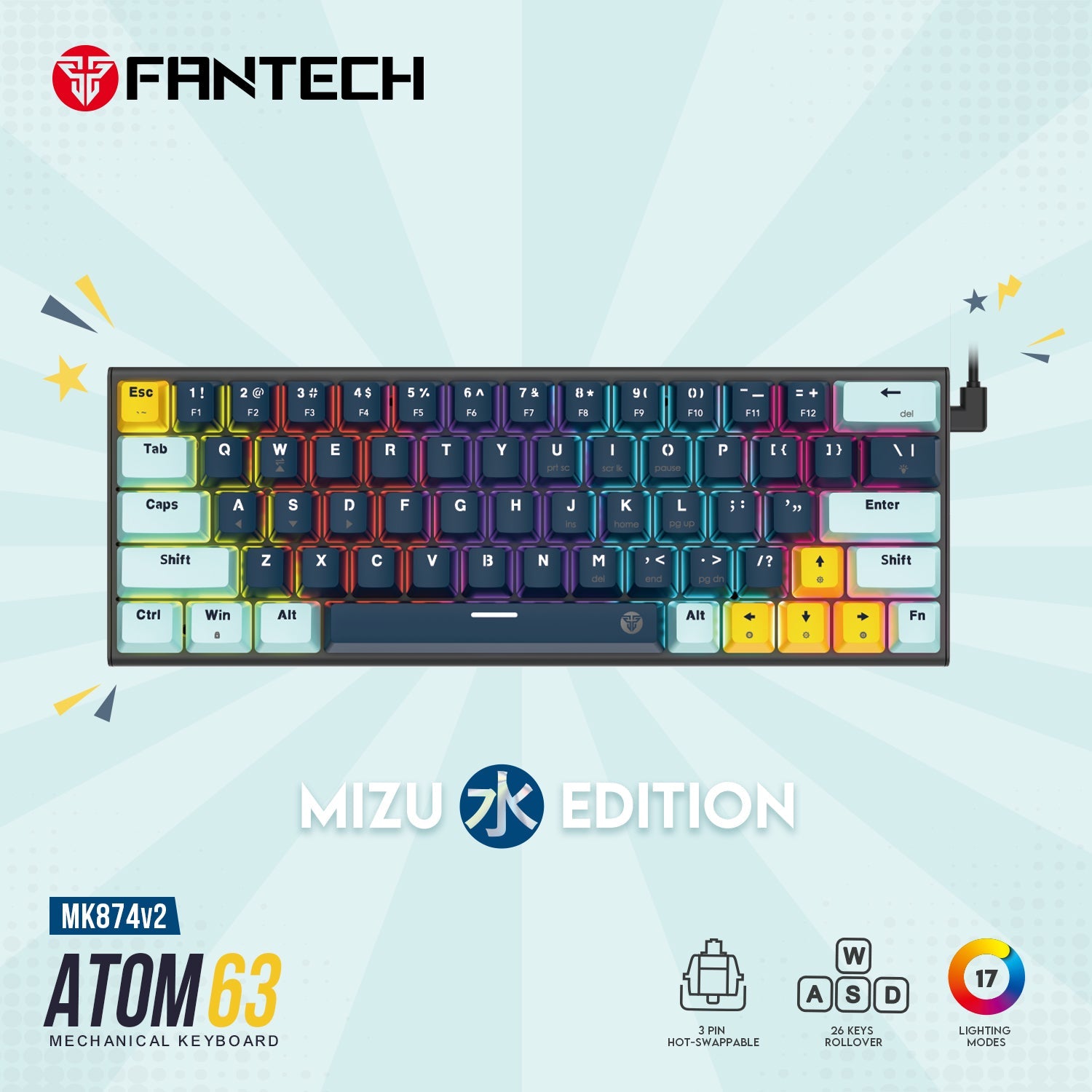 Fantech MK874 V2 Atom 63 Hot swappable Mechanical Keyboard Navy Blue - CompuMe