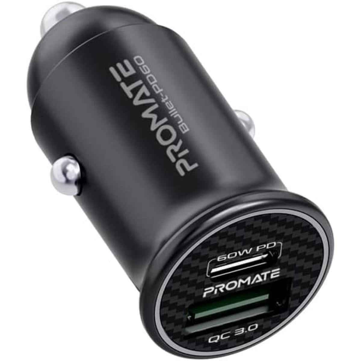Promate Bullet Pd60 60w Usb C Car Charger Super Fast Type C W/ 18w Quick Charge 3.0 Usb Port Aluminum Alloy & Over Charging Proteion