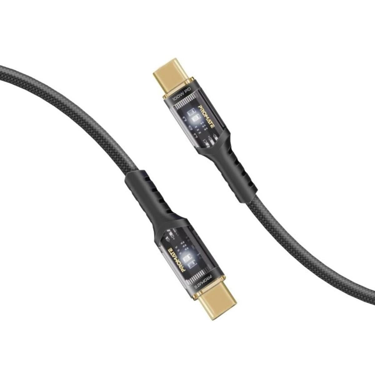 Promate Lucidline Cc120 Usb C™ To Usb C™ Cable Fast Charging 100w With Transparent Tips Led 480mbps Data Sync 120cm Nylon Braided Black Promate Lucidline Cc120 Usb C™ To Usb C™ Cable Fast Charging 100w With Transparent Tips Led 480mbps Data Sync 120cm Nylon Braided Black