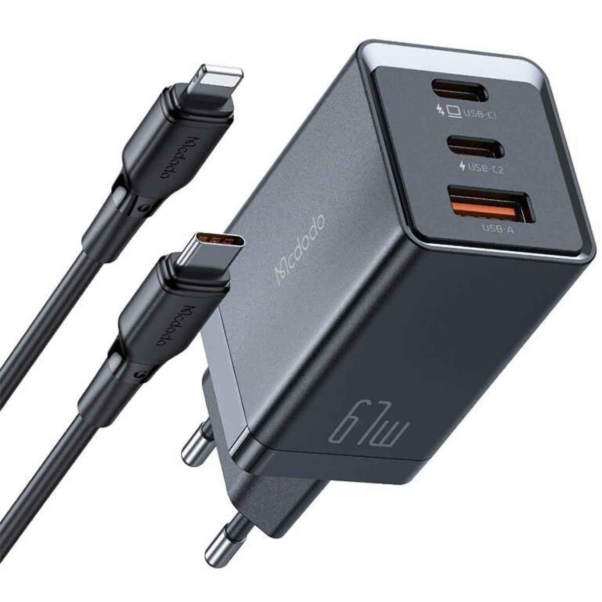 Mcdodo Ch 1544 Gan Wall Charger, 2x Usb C, 1x Usb, 67w + Usb C To Lightning Cable (black)
