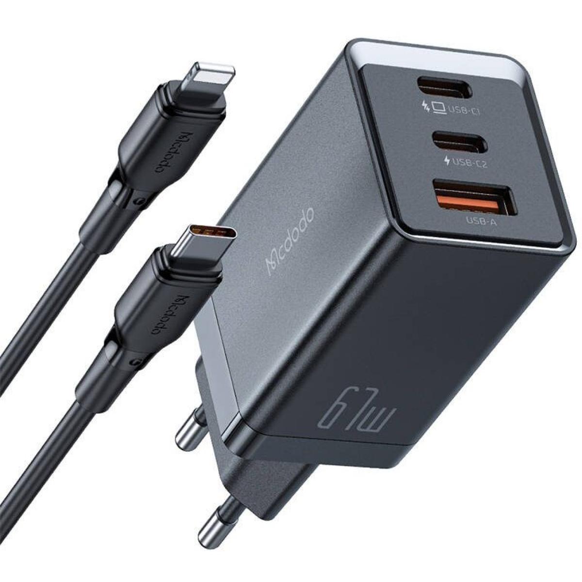 Mcdodo Ch 1544 Gan Wall Charger, 2x Usb C, 1x Usb, 67w + Usb C To Lightning Cable (black) Mcdodo Ch 1544 Gan Wall Charger, 2x Usb C, 1x Usb, 67w + Usb C To Lightning Cable (black)
