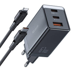 Mcdodo Ch 1544 Gan Wall Charger, 2x Usb C, 1x Usb, 67w + Usb C To Lightning Cable (black) - CompuMe