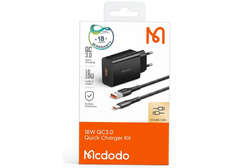 Mcdodo 18W QC3.0 Fast Wall Charger Kit with USB Type C Cable - Black - 18 Months Warranty