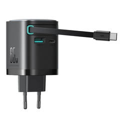 JOYROOM JR-TCL02 GaN 65W Charger with Retractable Cable(EU)-Black