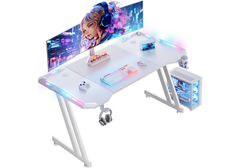 HLONONE Gaming Table - 120 x 60 cm Carbon Fiber Desk, RGB LED Lighting, Headphone Hook, Cup Holder, Cable Management, Ergonomic ZZ Frame Design, White