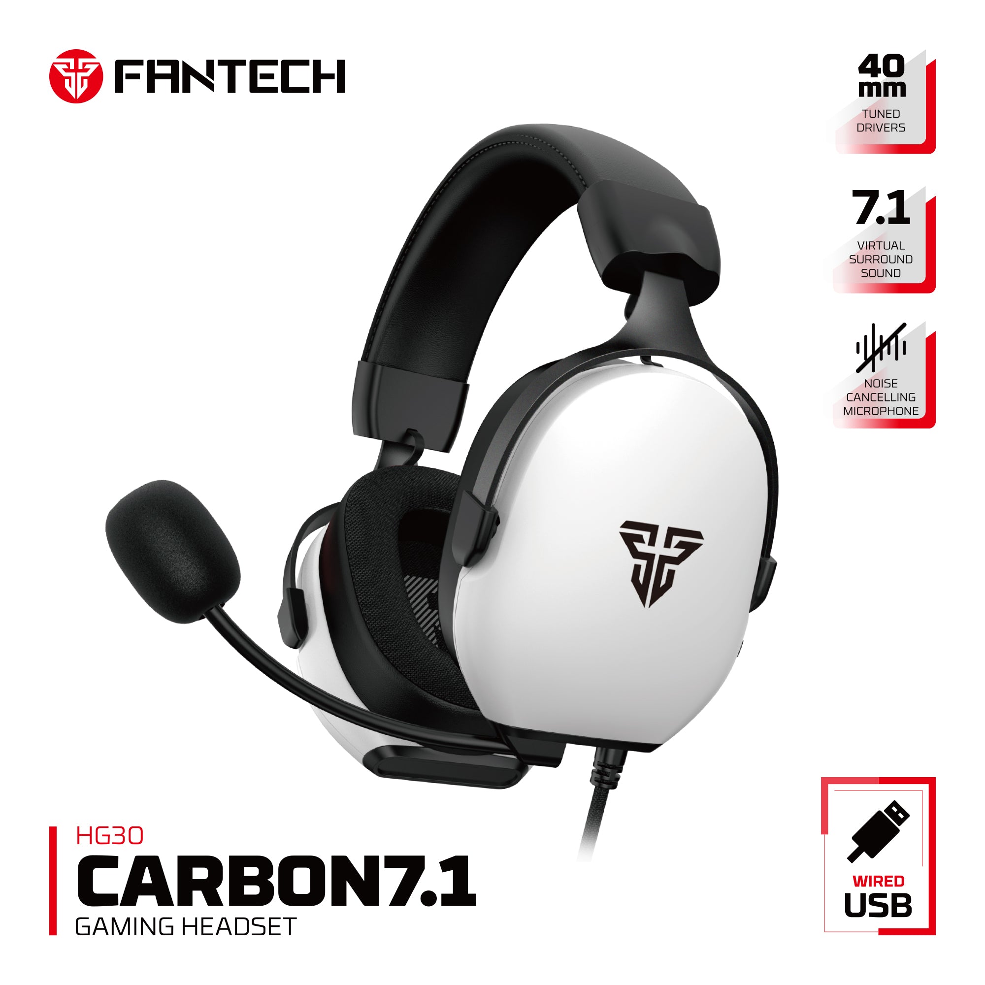FANTECH HG30 CARBON 7.1 Surround Sound Gaming Headset White - CompuMe