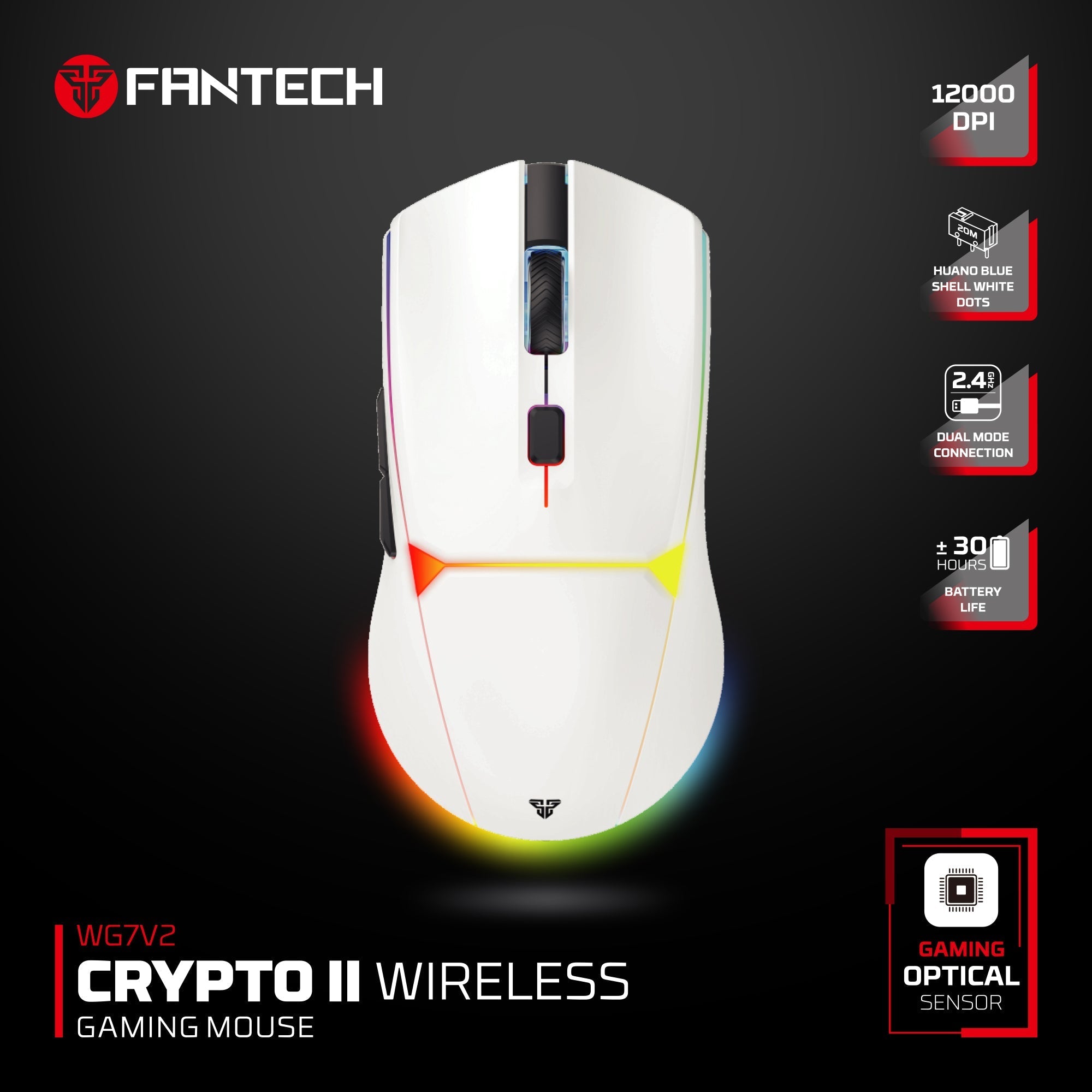 Fantech WG7V2 Crypto Ii Wireless Gaming Mouse White, RGB, mice