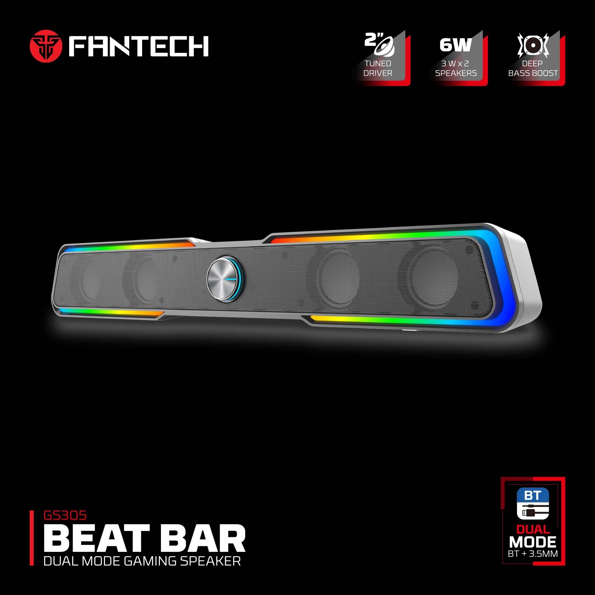 Fantech GS305 Bluetooth 5.3 Soundbar Dual mode RGB Lighting Gaming Speaker - CompuMe