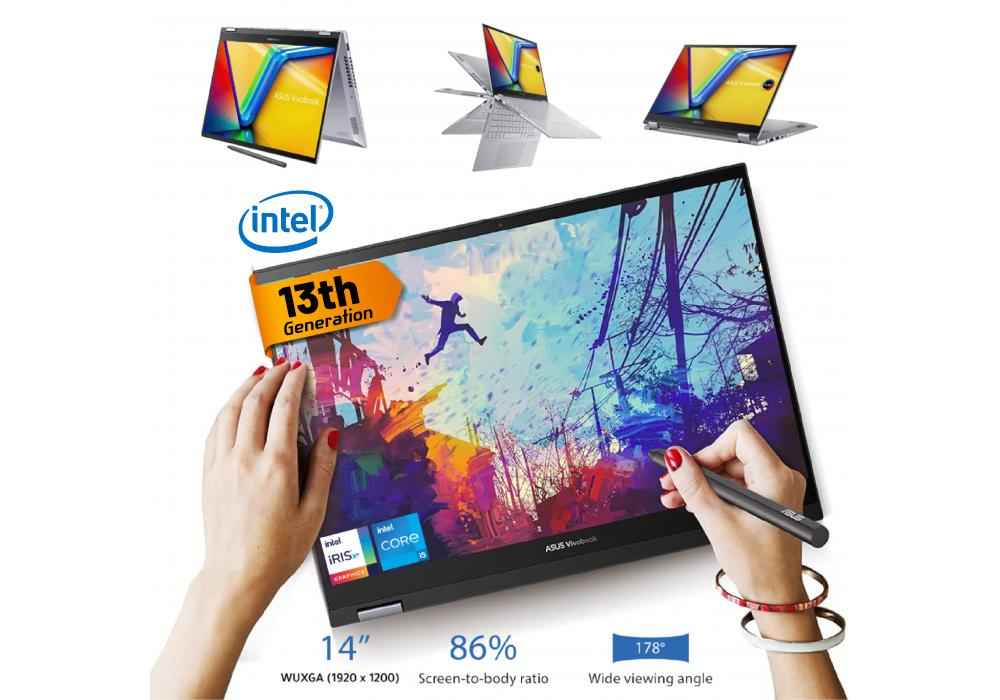 Laptop ASUS Vivobook S 14 Flip, Intel® Core™ i7-13700H Processor, 16GB DDR4, 512GB M.2, 14.0" WUXGA Touch Stylus, | 13th Generation - Cool Silver