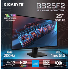 Gigabyte Gs25f2 25" Super Speed Ips Full Hd 1ms 200hz 120% Srgb Hdr 10 Amd Freesync W/ 2x Hdmi & 1x Dp Interface & Speakers Black - CompuMe