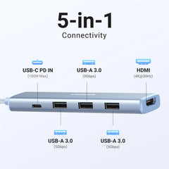 Ugreen 35581 Usb C To 5 In 1 Multiport Adapter 4k30hz 100w Usb C Pd, & 3x 5gbps Usb A Blue