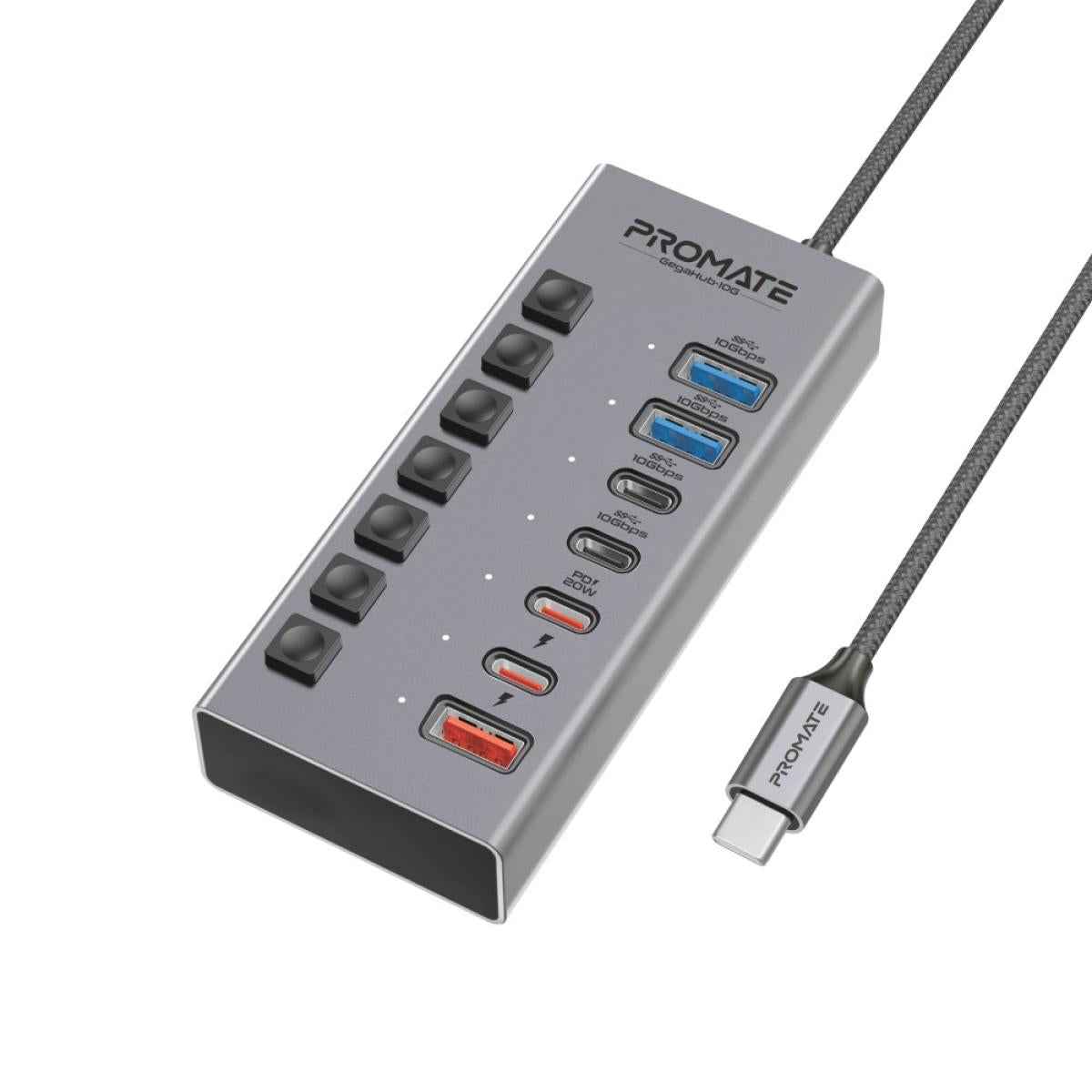 Promate Gegahub 10g 7 In 1 Usb C Multiport Hub, Dual Usb C And Usb A Ports With 10gbps Data Transfer, Fast Charging Usb C And Usb A Ports, 20w Usb C Pd Port, Individual Power Switch And Plug Play