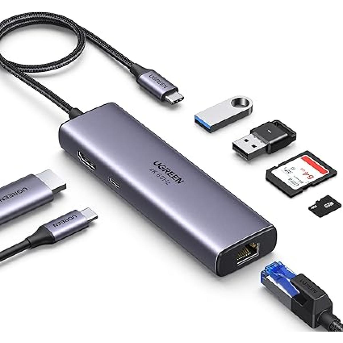 UGREEN 7-in-1 USB C Hub 4K HDMI Multiport Adapter with 1Gbps Ethernet, 100W PD Delivery, 2 USB 3.0, SD-TF Card Reader, USB C Dongle Compatible for MacBook and all Laptop -90568- - 90568 -