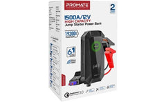 Promate Hexabolt 20 1500a/12v Car Jump Starter W/ 19200mah Power Bank 10w Qi Charger Dual Qc 3.0 Ports Black