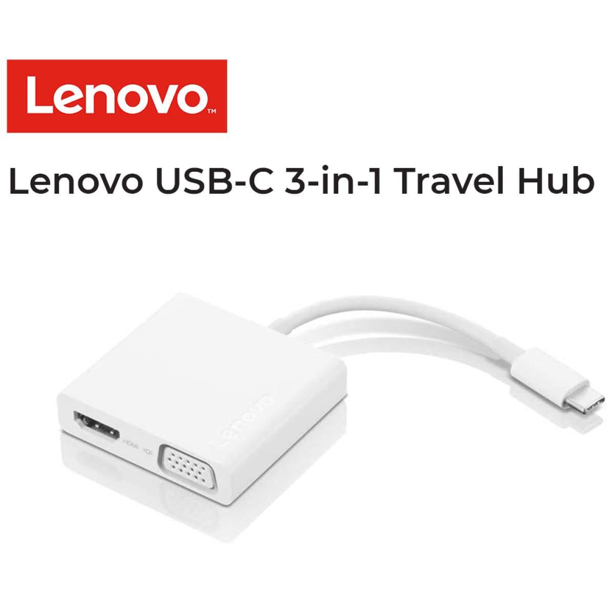 Lenovo Usb C 3 In 1 Travel Hub 4k Hdmi, Vga, Usb 3.0 Plug And Play , White - CompuMe Lenovo Usb C 3 In 1 Travel Hub 4k Hdmi, Vga, Usb 3.0 Plug And Play , White - CompuMe