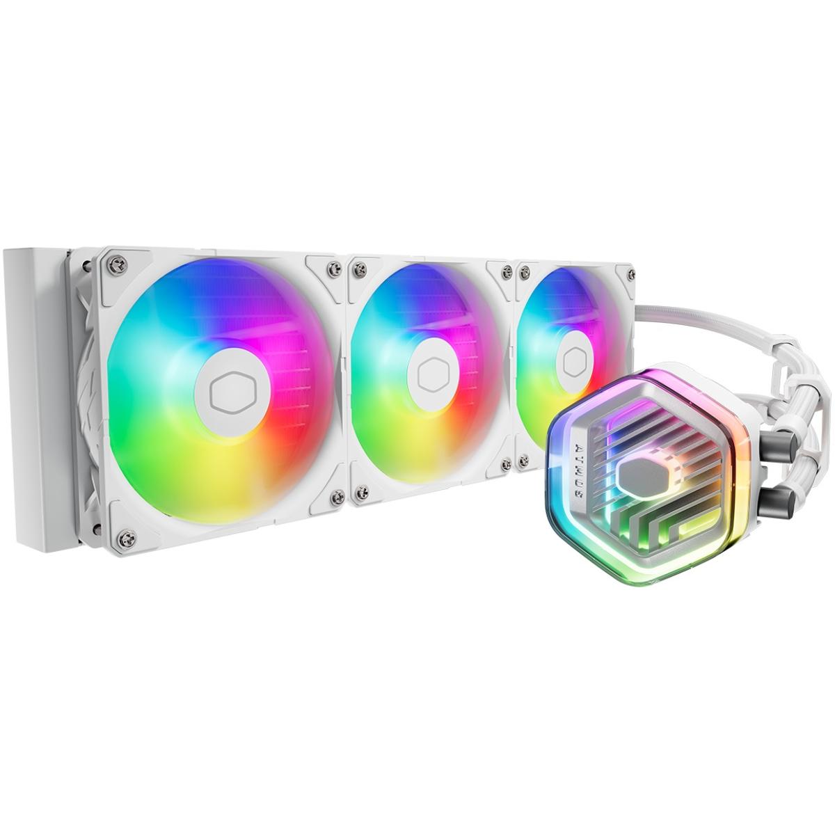 Cooler Master MASTERLIQUID 360 ATMOS (White) ARGB High- Preformance AIO CPU Liquid Cooler, Next Gen Dual Chamber Pump Design, Customizable 3D-Printed Creations Capability, Pre-Installed Sickleflow Edge 120 ARGB Fans | MLX-D36M-A25PZ-RW | - CompuMe Cooler Master MASTERLIQUID 360 ATMOS (White) ARGB High- Preformance AIO CPU Liquid Cooler, Next Gen Dual Chamber Pump Design, Customizable 3D-Printed Creations Capability, Pre-Installed Sickleflow Edge 120 ARGB Fans | MLX-D36M-A25PZ-RW | - CompuMe