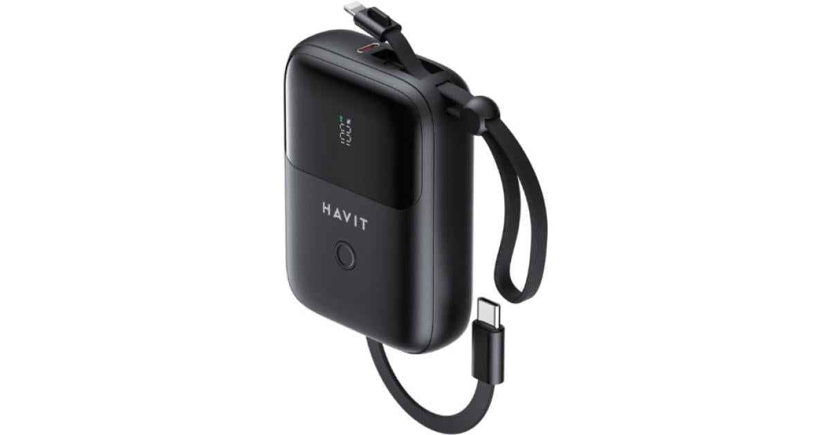 HAVIT PB5215 10, 000mAh Power Bank - Built - in Type - C & Lightning Cables LED Indicator