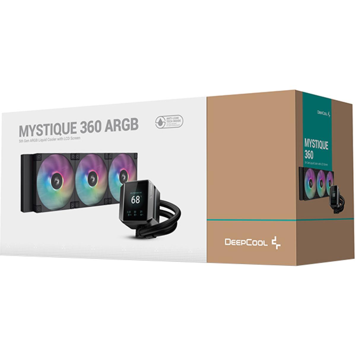 Deepcool Mystique 360 Argb Lcd Liquid Cooler 360mm 5th Gen Pump 3400rpm 2.8" 640x480 Tft Lcd Screen 2150 Rpm Fan Speed 72.45 Cfm Fan Airflow , Black Deepcool Mystique 360 Argb Lcd Liquid Cooler 360mm 5th Gen Pump 3400rpm 2.8" 640x480 Tft Lcd Screen 2150 Rpm Fan Speed 72.45 Cfm Fan Airflow , Black