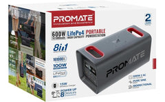 Promate Powertank 600 600w Lifepo4 Power Station, 161000mah, Pd 100w & 30w Usb C, Dual 600w Ac, Qc 18w Usb A, 15w Wireless, Dc Car Port, Solar Input, 1.8hr Fast Recharge, Black